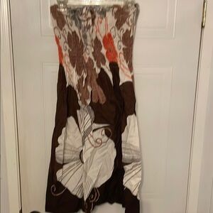 Boho Brown and White Strapless Dress with Floral Pattern